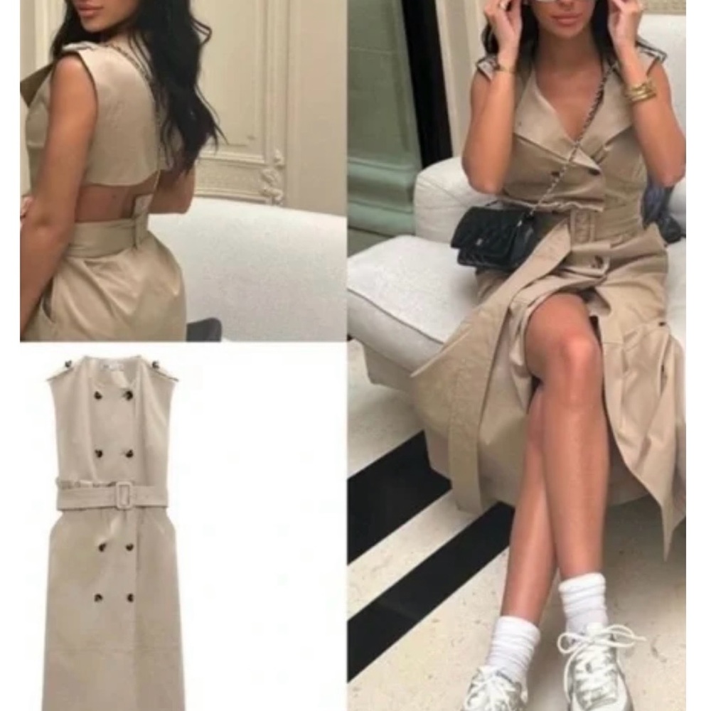 ZARA Tan Sleeveless Double-Breasted Midi Dress with Belt with open slit on back